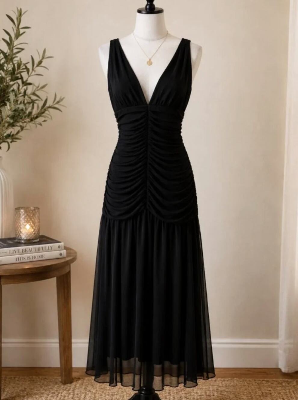 Camila Coelho Black Ruched Deep V Midi Whimsygoth Evening Cocktail Dress